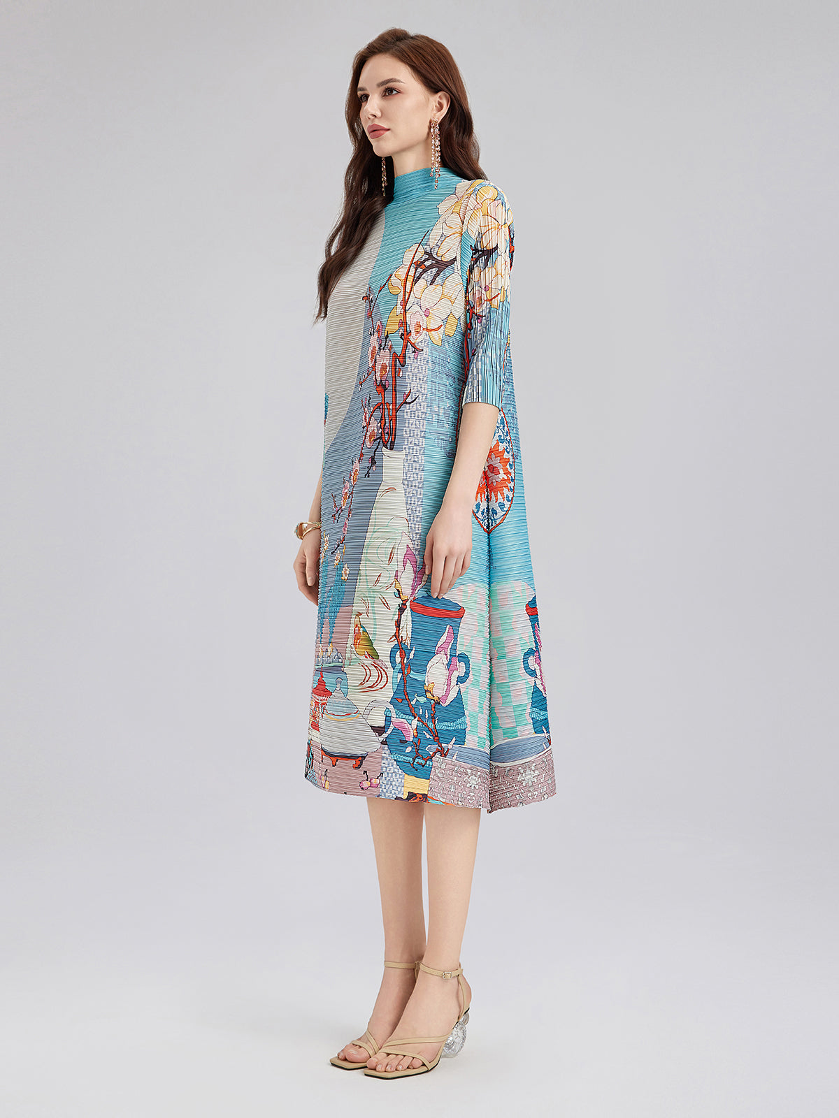 Artistic Print Pleated High Neck Dress