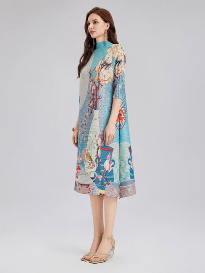 Artistic Print Pleated High Neck Dress