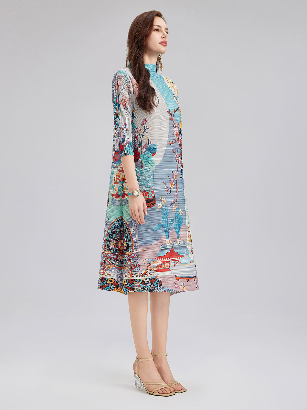 Artistic Print Pleated High Neck Dress