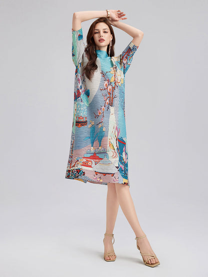 Artistic Print Pleated High Neck Dress