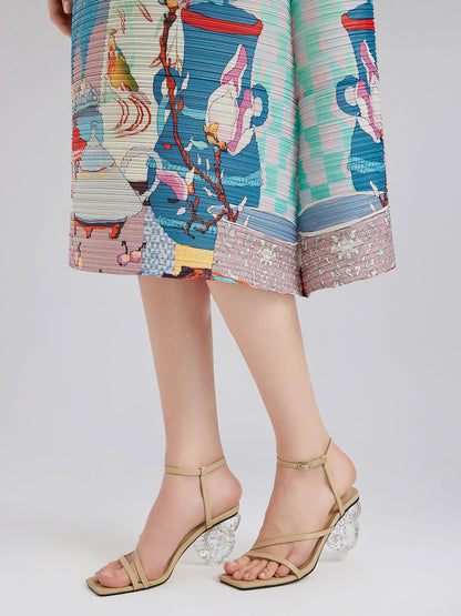 Artistic Print Pleated High Neck Dress
